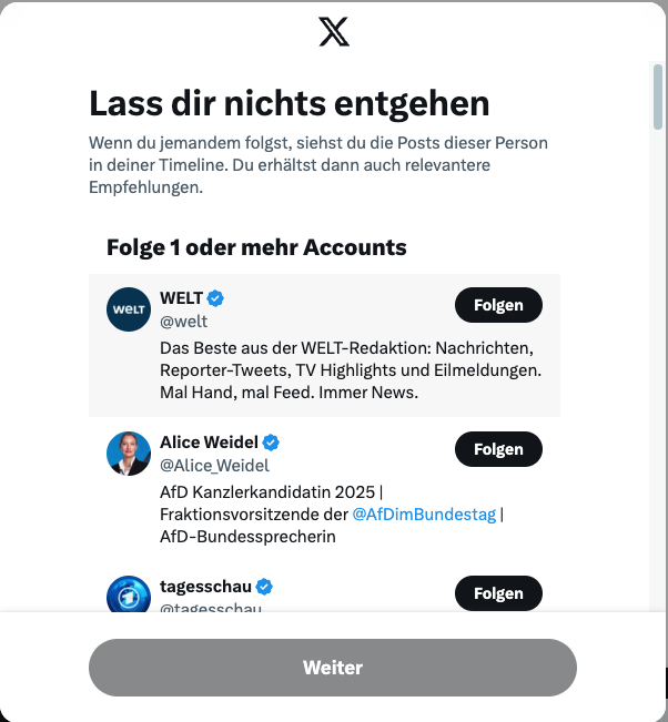 Werbung für die AFD Bei X:Für dich empfohlen“ den offiziellen Account von Alice Weidel, Kanzlerkandidatin der AfD
